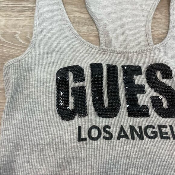 GUESS Gray Tank Top Sequences embroidery Cami Tshirt Slim Fit M - Picture 5 of 8